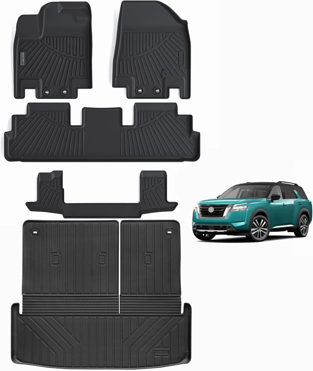 Floor Mats & Trunk Mat & Backrest Mat for 2022-2024 2025 Nissan Pathfinder (Only fit 7 Passenger Models),TPE All Weather Protection Car Floor Liners with Cargo Liner Backrest Accessory