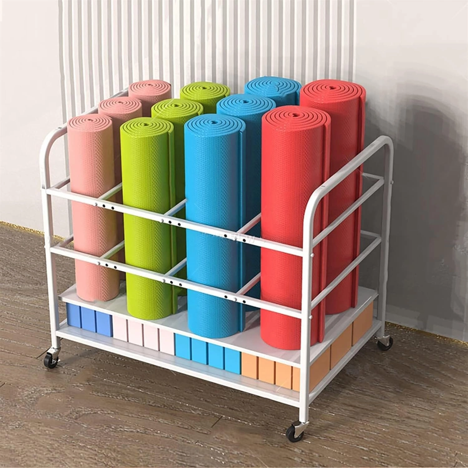 Floorstanding Yoga Mat Rack with Lockable Wheels, Large Capacity 12 Yoga Mat Foam Roller Storage Cart for Gym, Yoga Studio Home
