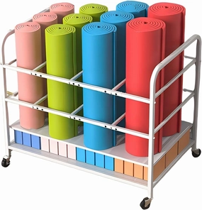Floorstanding Yoga Mat Rack with Lockable Wheels, Large Capacity 12 Yoga Mat Foam Roller Storage Cart for Gym, Yoga Studio Home