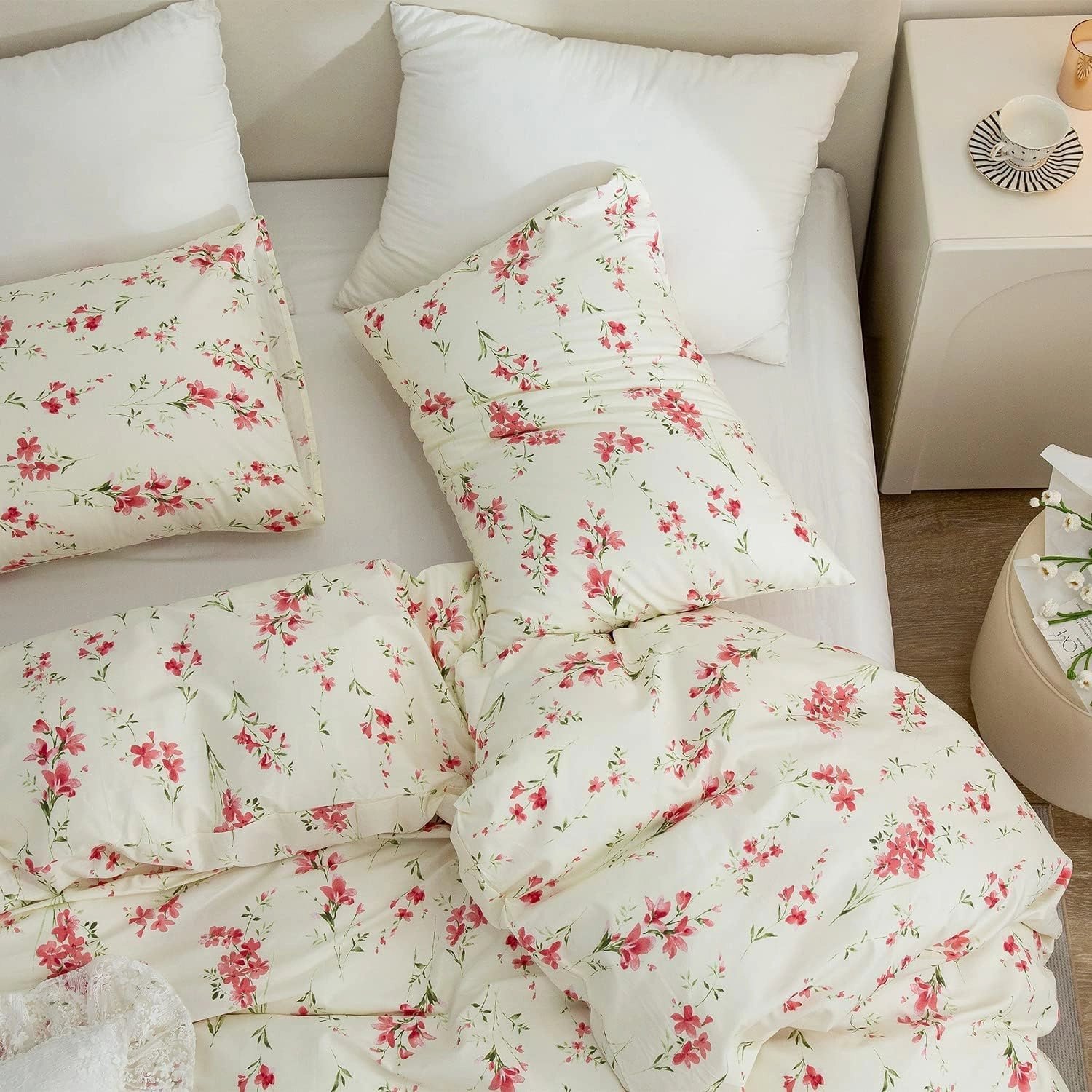 Floral Duvet Cover Queen Soft Cotton Bedding Set Queen Aesthetic Shabby Chic Girls Flower Pattern Duvet Cover Set 3 Piece Breathable Garden Botanical Comforter Cover with 2 Pillowcases