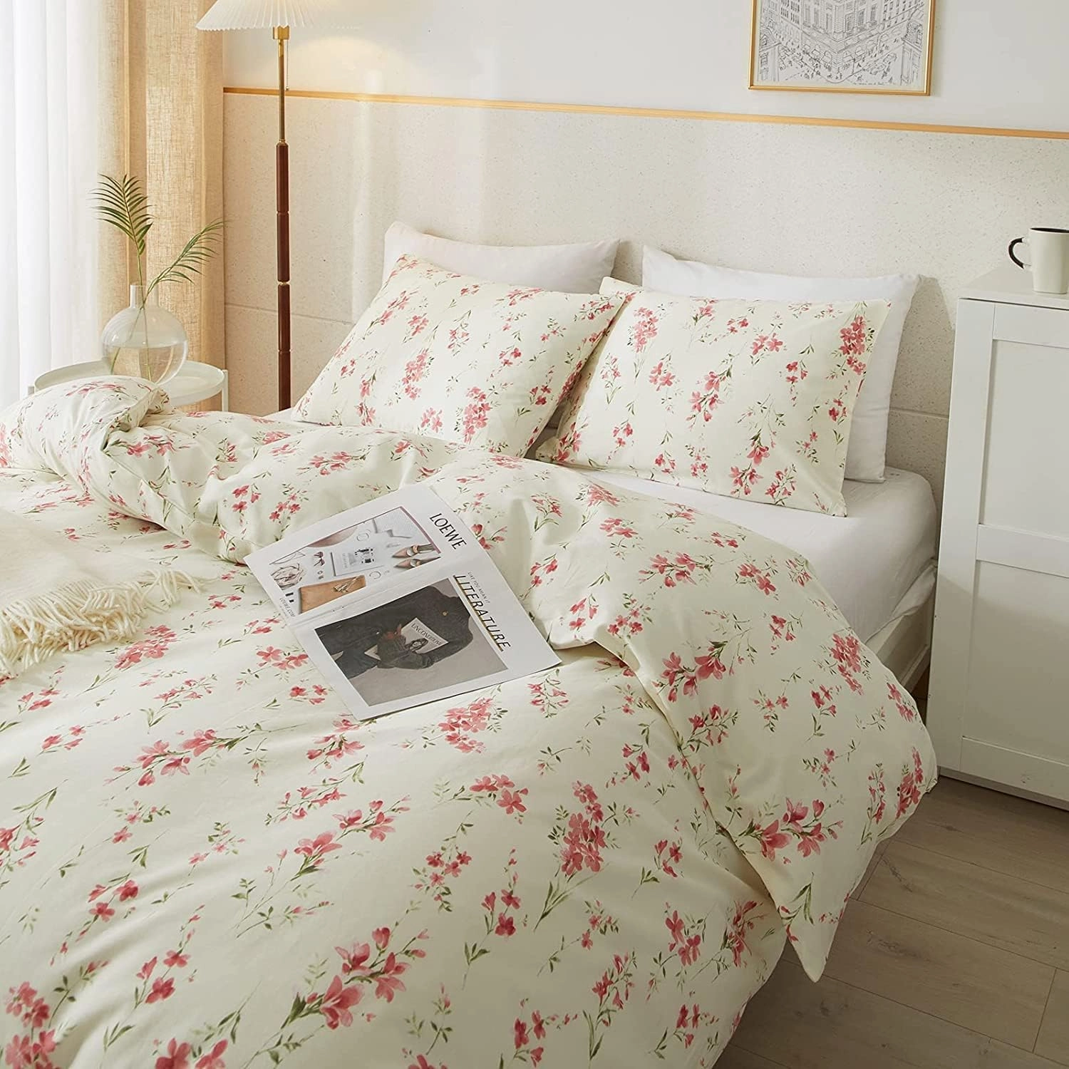 Floral Duvet Cover Queen Soft Cotton Bedding Set Queen Aesthetic Shabby Chic Girls Flower Pattern Duvet Cover Set 3 Piece Breathable Garden Botanical Comforter Cover with 2 Pillowcases