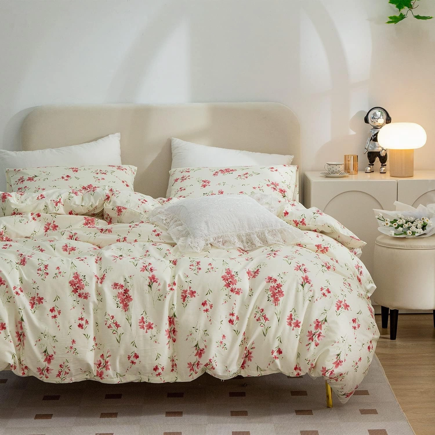Floral Duvet Cover Queen Soft Cotton Bedding Set Queen Aesthetic Shabby Chic Girls Flower Pattern Duvet Cover Set 3 Piece Breathable Garden Botanical Comforter Cover with 2 Pillowcases