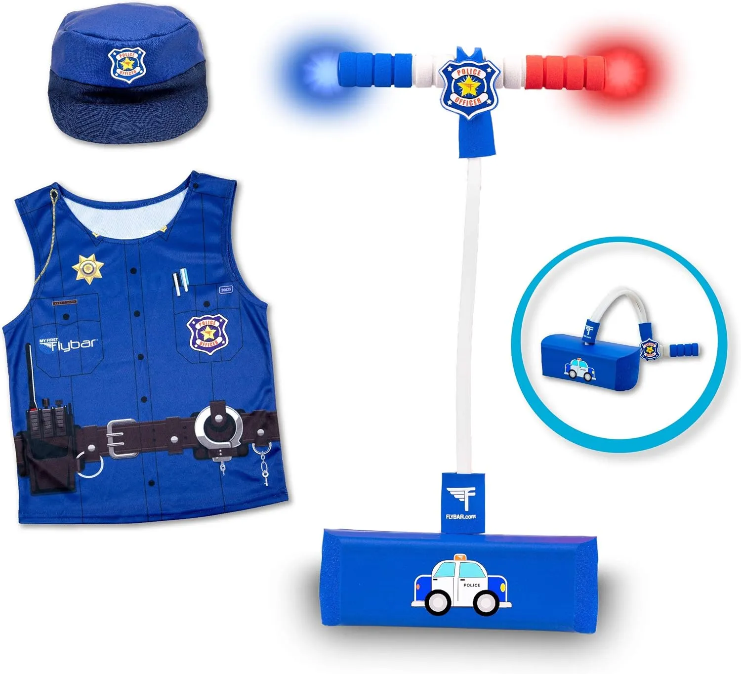 Flybar Pogo Hopper Pretenders Police Role Play Costume Set- Includes Police Cap and Vest, Police Pogo Hopper with Siren and Flashing Lights - Indoor and Outdoor Fun for Ages 3 and Up