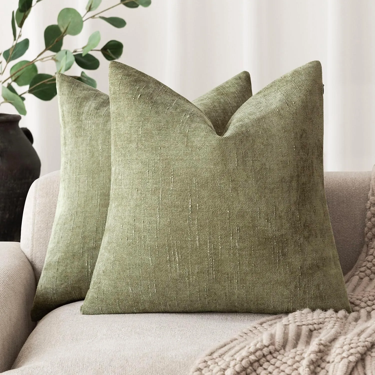 Foindtower Pack of 2 Soft Textured Chenille Throw Decorative Pillow Covers Square Accent Solid Cushion Cover Cozy Neutral Farmhouse Pillow Case for Couch Sofa Bedroom Living Room 18x18 Inch,Sage Green