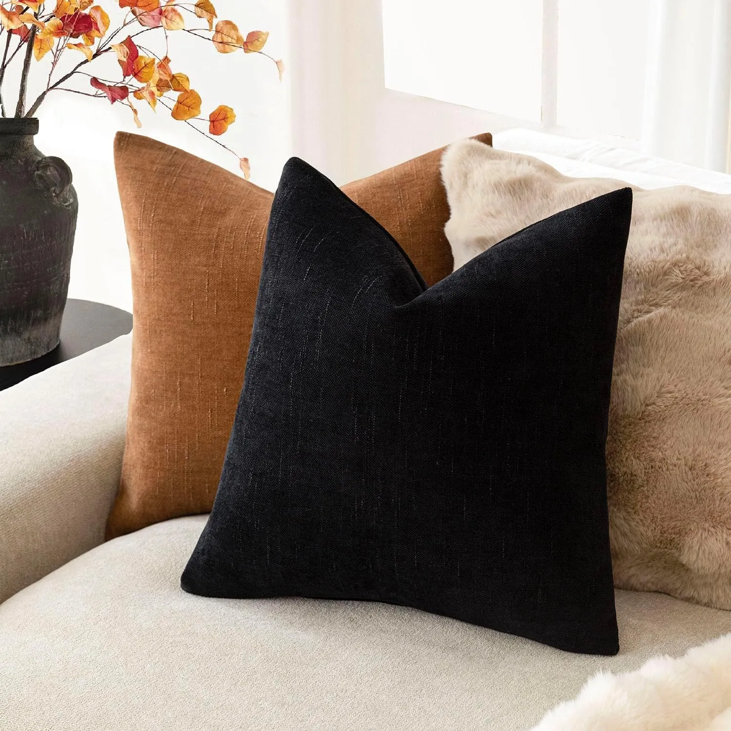 Foindtower Pack of 2 Soft Textured Throw Decorative Pillow Covers Square Accent Solid Cushion Cover Cozy Farmhouse Pillow Case with Zipper for Couch Sofa Bedroom Living Room 20x20 Inch, Black