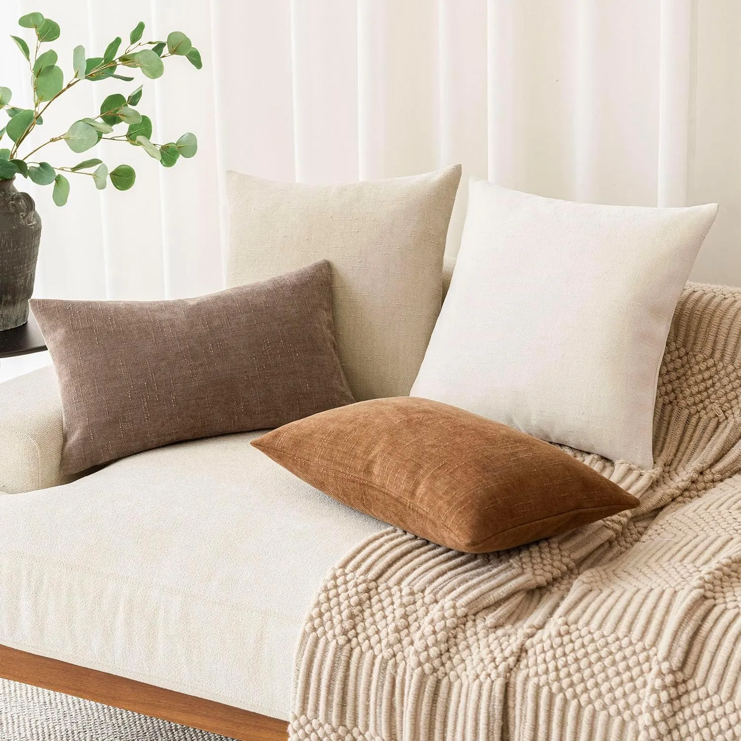 Foindtower Pack of 2 Soft Textured Throw Decorative Pillow Covers Square Accent Solid Cushion Cover Cozy Neutral Farmhouse Pillow Case for Couch Sofa Bedroom Living Room 18x18 Inch, Beige