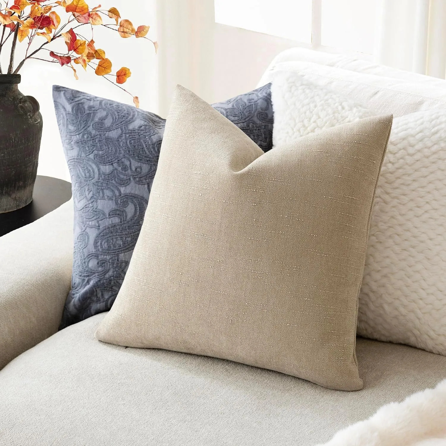 Foindtower Pack of 2 Soft Textured Throw Decorative Pillow Covers Square Accent Solid Cushion Cover Cozy Neutral Farmhouse Pillow Case for Couch Sofa Bedroom Living Room 18x18 Inch, Beige