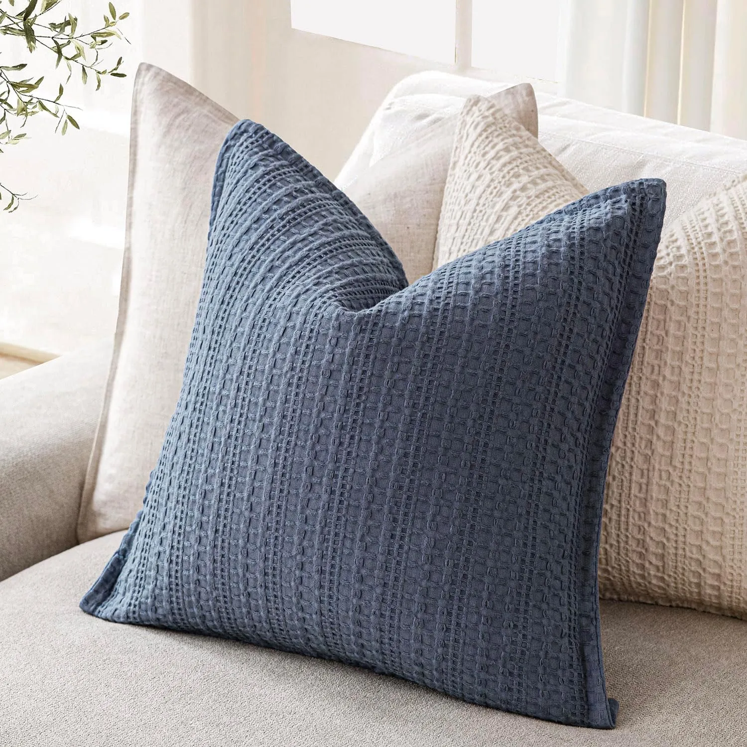 Foindtower Set of 2 Decorative Cotton Waffle Weave Throw Pillow Covers Euro Shams Cushion Covers Accent European Pillowcase for Bed Couch Sofa Bedroom Living Room Home Decor 18×18 Inch Blue