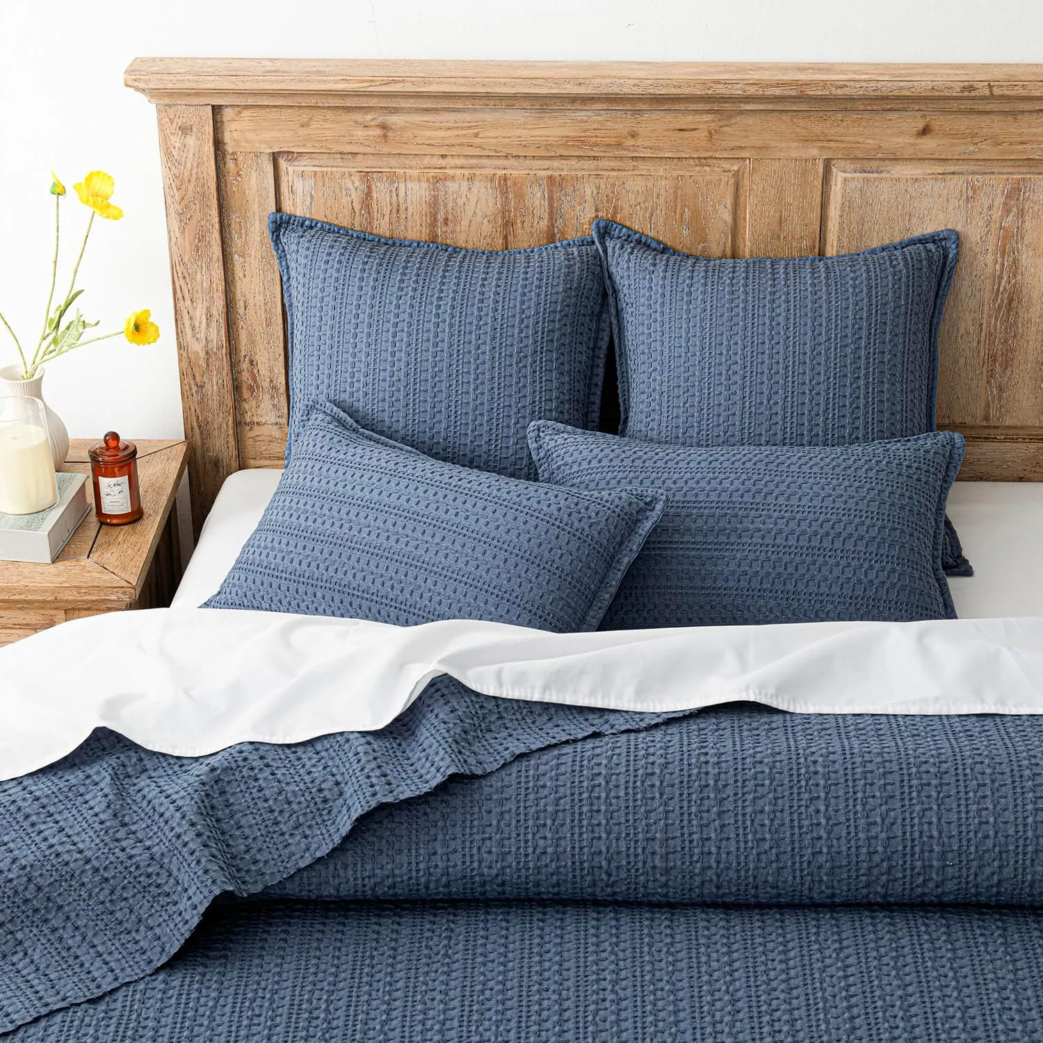 Foindtower Set of 2 Decorative Cotton Waffle Weave Throw Pillow Covers Euro Shams Cushion Covers Accent European Pillowcase for Bed Couch Sofa Bedroom Living Room Home Decor 18×18 Inch Blue