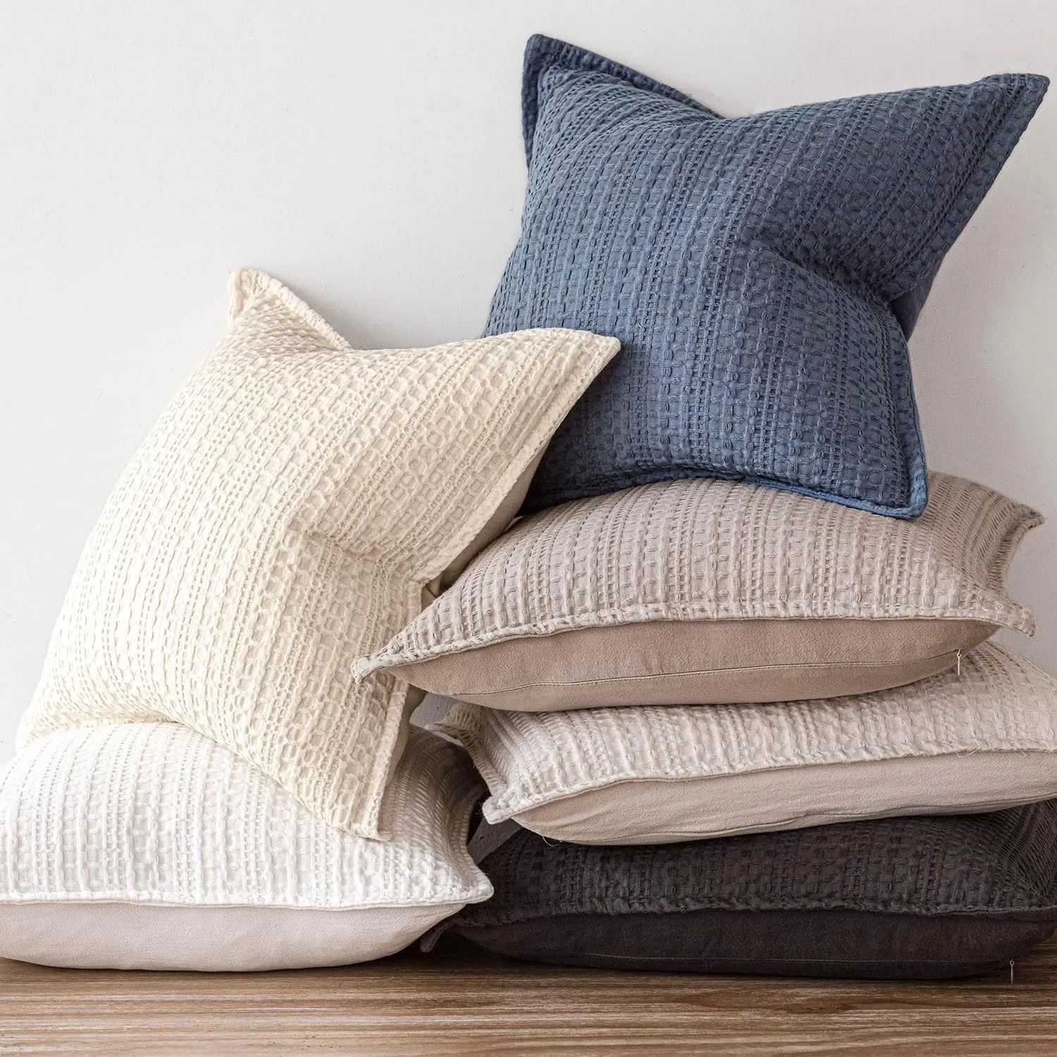 Foindtower Set of 2 Decorative Cotton Waffle Weave Throw Pillow Covers Euro Shams Cushion Covers Accent European Pillowcase for Bed Couch Sofa Bedroom Living Room Home Decor 18×18 Inch Blue