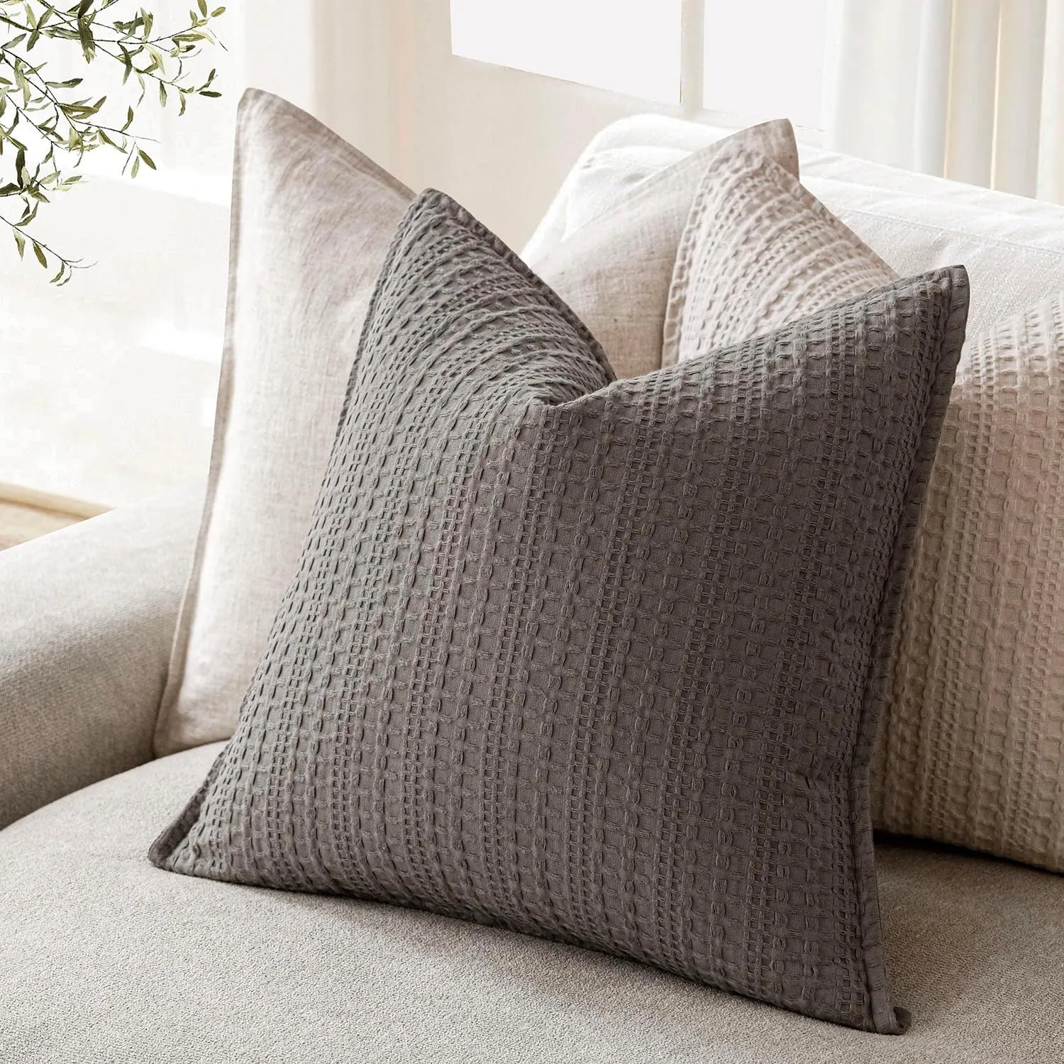 Foindtower Set of 2 Decorative Cotton Waffle Weave Throw Pillow Covers Euro Shams Cushion Covers Accent European Pillowcase for Bed Couch Sofa Bedroom Living Room Home Decor 18×18 Inch Taupe Gray