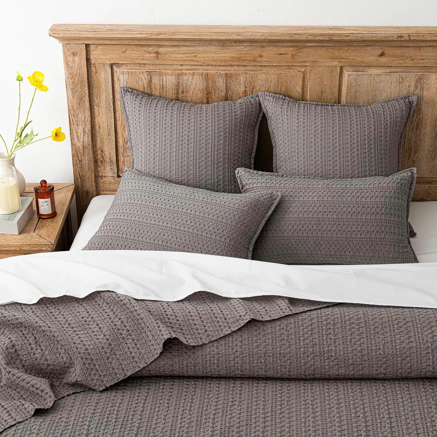 Foindtower Set of 2 Decorative Cotton Waffle Weave Throw Pillow Covers Euro Shams Cushion Covers Accent European Pillowcase for Bed Couch Sofa Bedroom Living Room Home Decor 18×18 Inch Taupe Gray