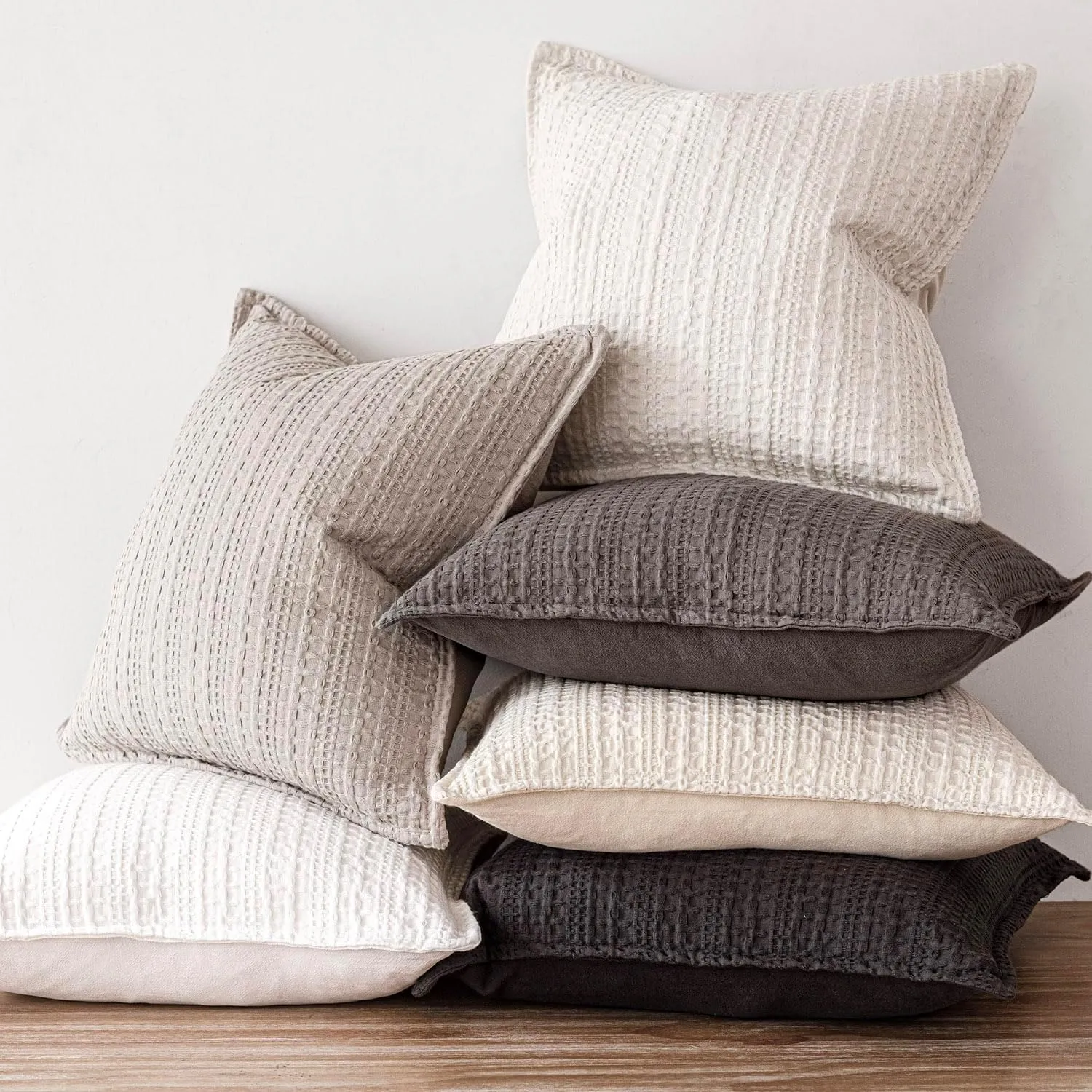 Foindtower Set of 2 Decorative Cotton Waffle Weave Throw Pillow Covers Euro Shams Cushion Covers Accent European Pillowcase for Bed Couch Sofa Bedroom Living Room Home Decor 18×18 Inch Taupe Gray