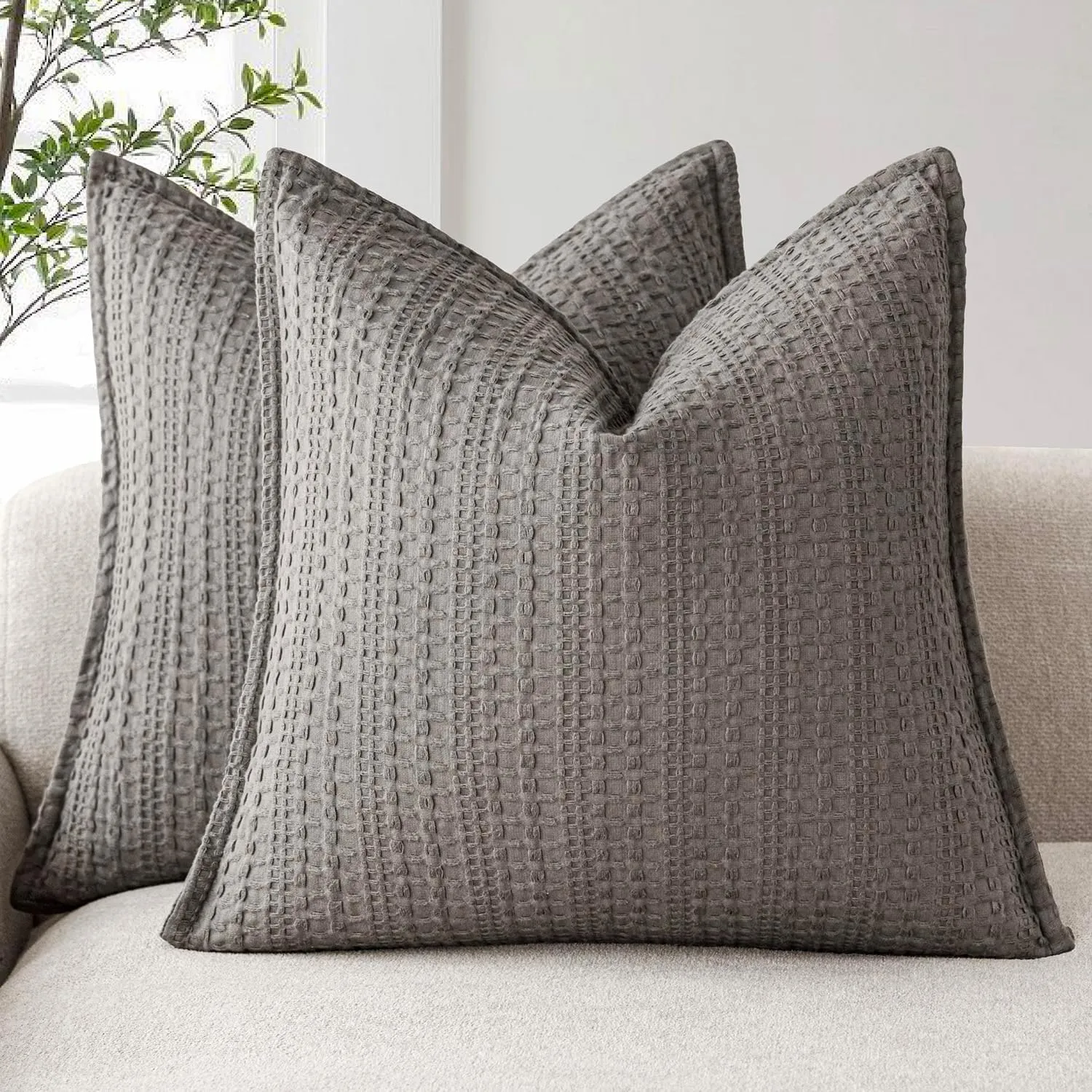 Foindtower Set of 2 Decorative Cotton Waffle Weave Throw Pillow Covers Euro Shams Cushion Covers Accent European Pillowcase for Bed Couch Sofa Bedroom Living Room Home Decor 18×18 Inch Taupe Gray
