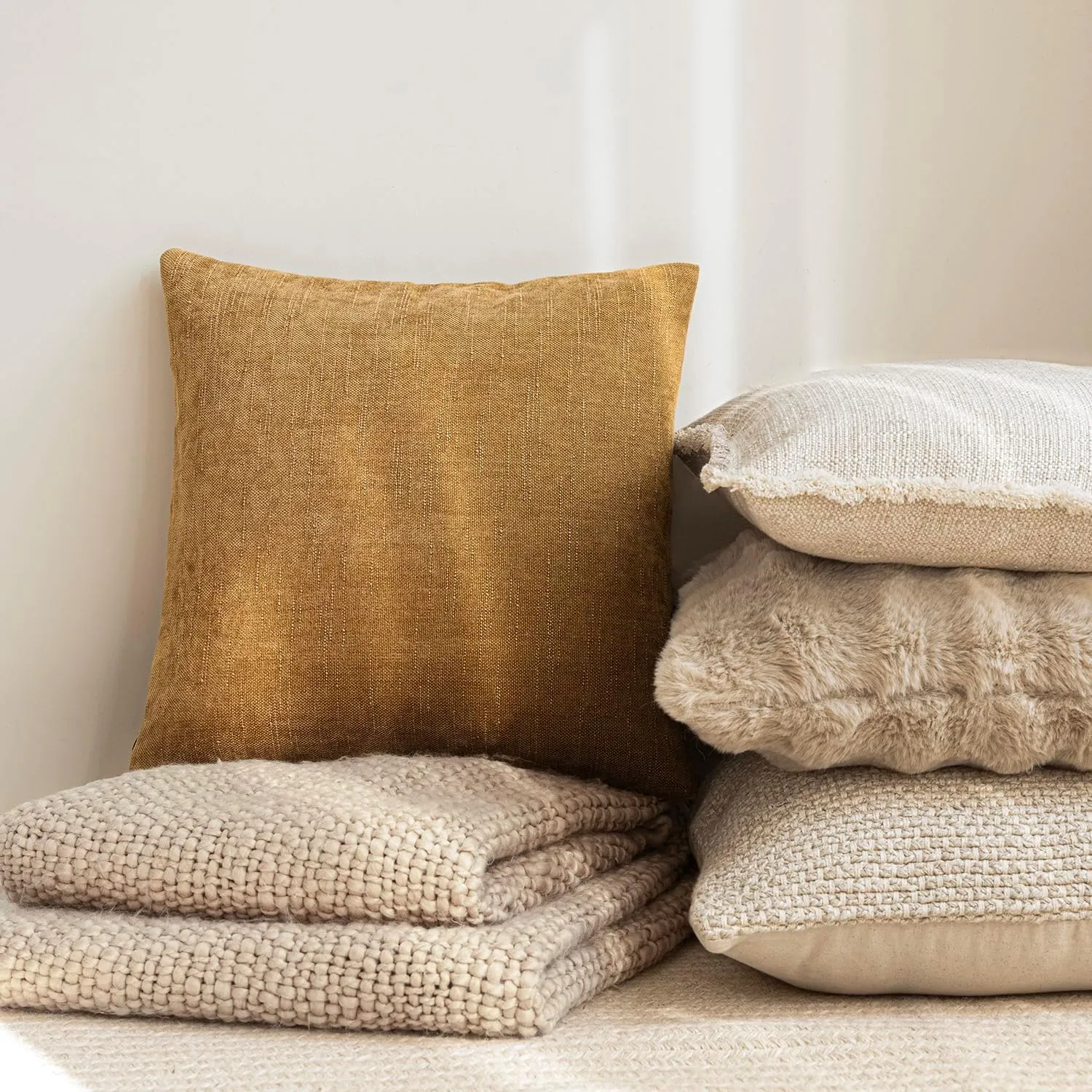 Foindtower Set of 2 Soft Textured Chenille Throw Decorative Pillow Covers Square Accent Solid Cushion Cover Neutral Farmhouse Pillow Case for Couch Sofa Bedroom Living Room 20x20 Inch,Golden Brown