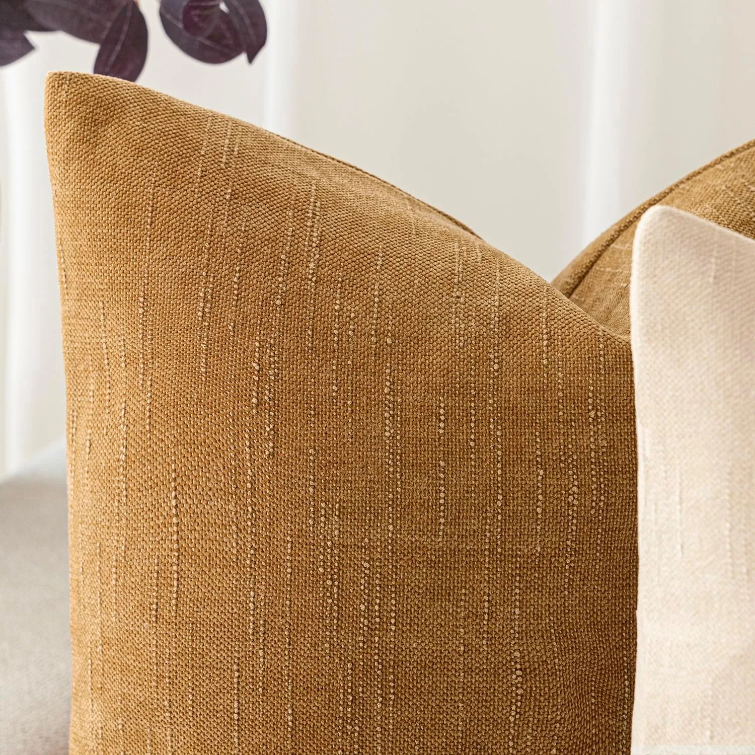 Foindtower Set of 2 Soft Textured Chenille Throw Decorative Pillow Covers Square Accent Solid Cushion Cover Neutral Farmhouse Pillow Case for Couch Sofa Bedroom Living Room 20x20 Inch,Golden Brown