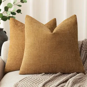 Foindtower Set of 2 Soft Textured Chenille Throw Decorative Pillow Covers Square Accent Solid Cushion Cover Neutral Farmhouse Pillow Case for Couch Sofa Bedroom Living Room 20x20 Inch,Golden Brown