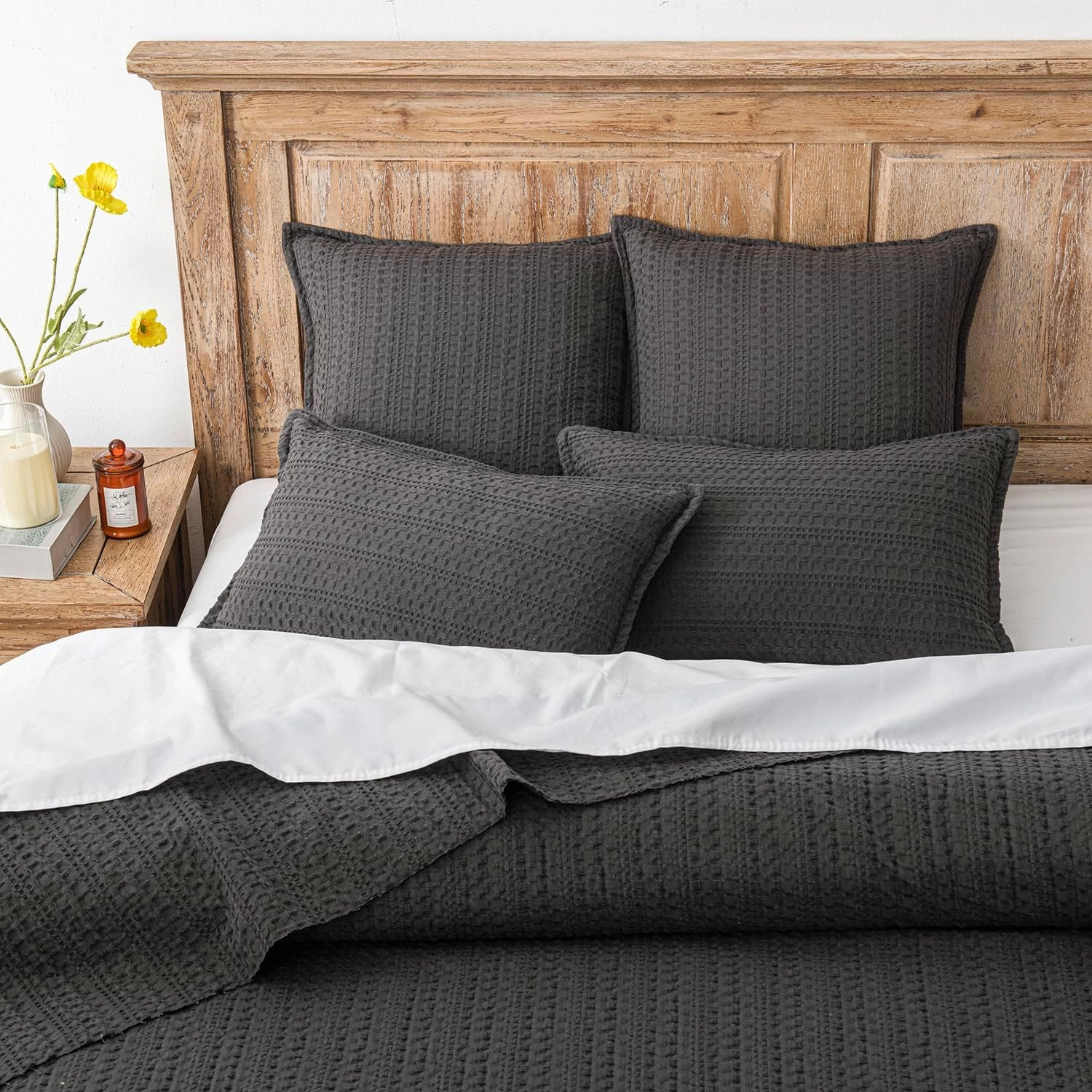Foindtower Set of 2 Decorative Cotton Waffle Weave Throw Pillow Covers Euro Shams Cushion Covers Accent European Pillowcase for Bed Couch Sofa Bedroom Living Room Home Decor 18×18 Inch Dark Grey