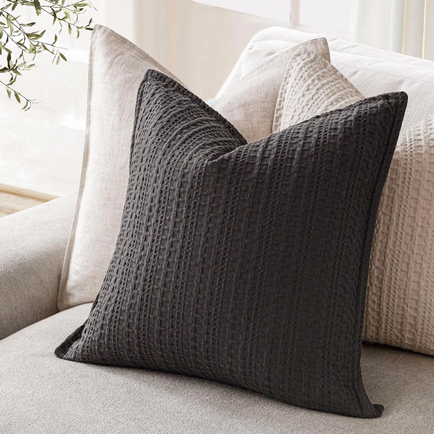 Foindtower Set of 2 Decorative Cotton Waffle Weave Throw Pillow Covers Euro Shams Cushion Covers Accent European Pillowcase for Bed Couch Sofa Bedroom Living Room Home Decor 18×18 Inch Dark Grey