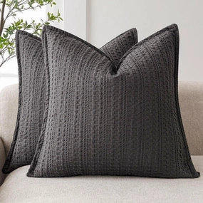 Foindtower Set of 2 Decorative Cotton Waffle Weave Throw Pillow Covers Euro Shams Cushion Covers Accent European Pillowcase for Bed Couch Sofa Bedroom Living Room Home Decor 18×18 Inch Dark Grey