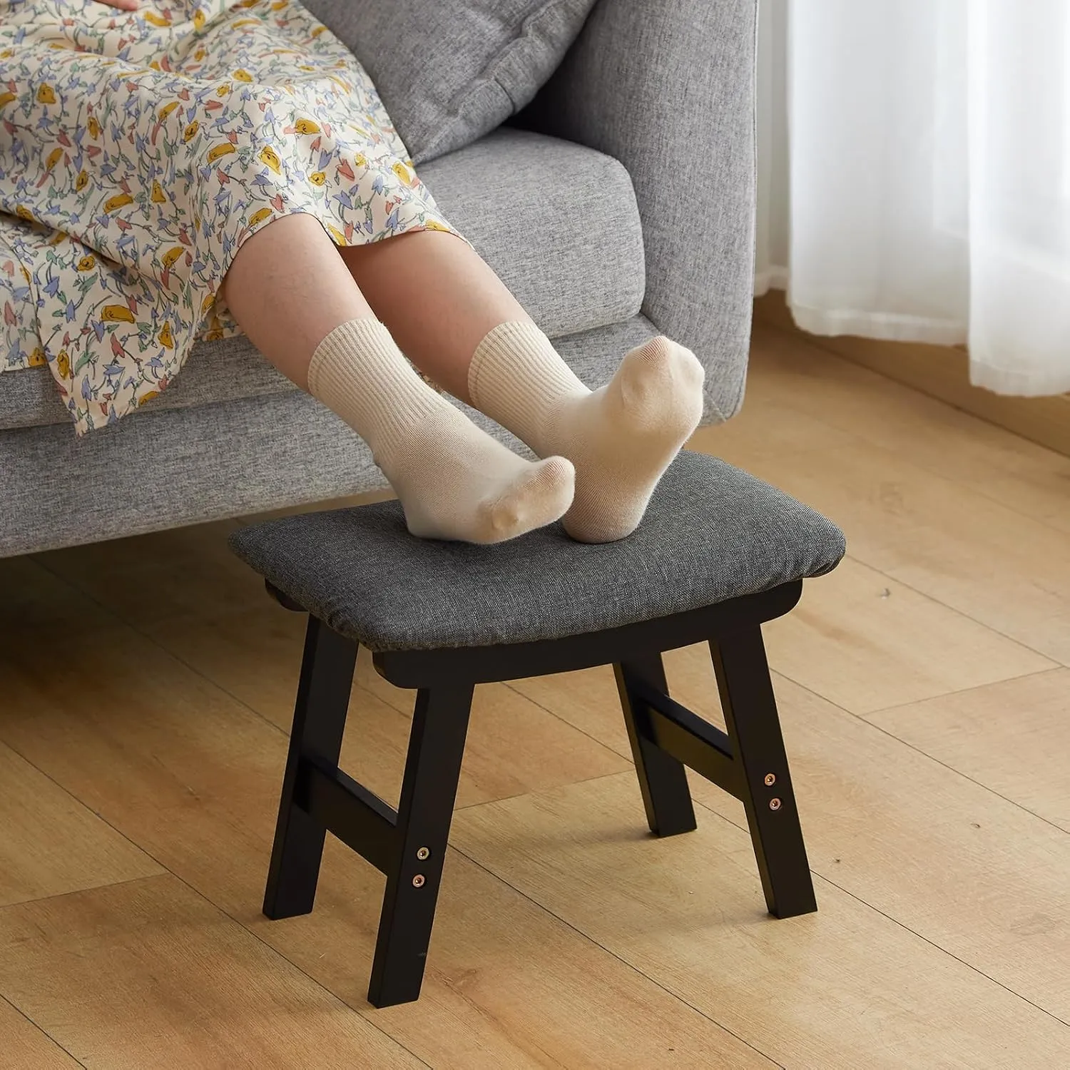 Foot Stool Ottoman Foot Rest Under Desk,Small Stool for Living Room, Bedroom and Kitchen (Black Legs - Gray Stool Surface)