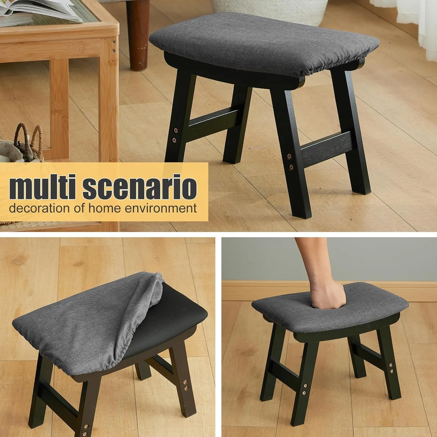 Foot Stool Ottoman Foot Rest Under Desk,Small Stool for Living Room, Bedroom and Kitchen (Black Legs - Gray Stool Surface)