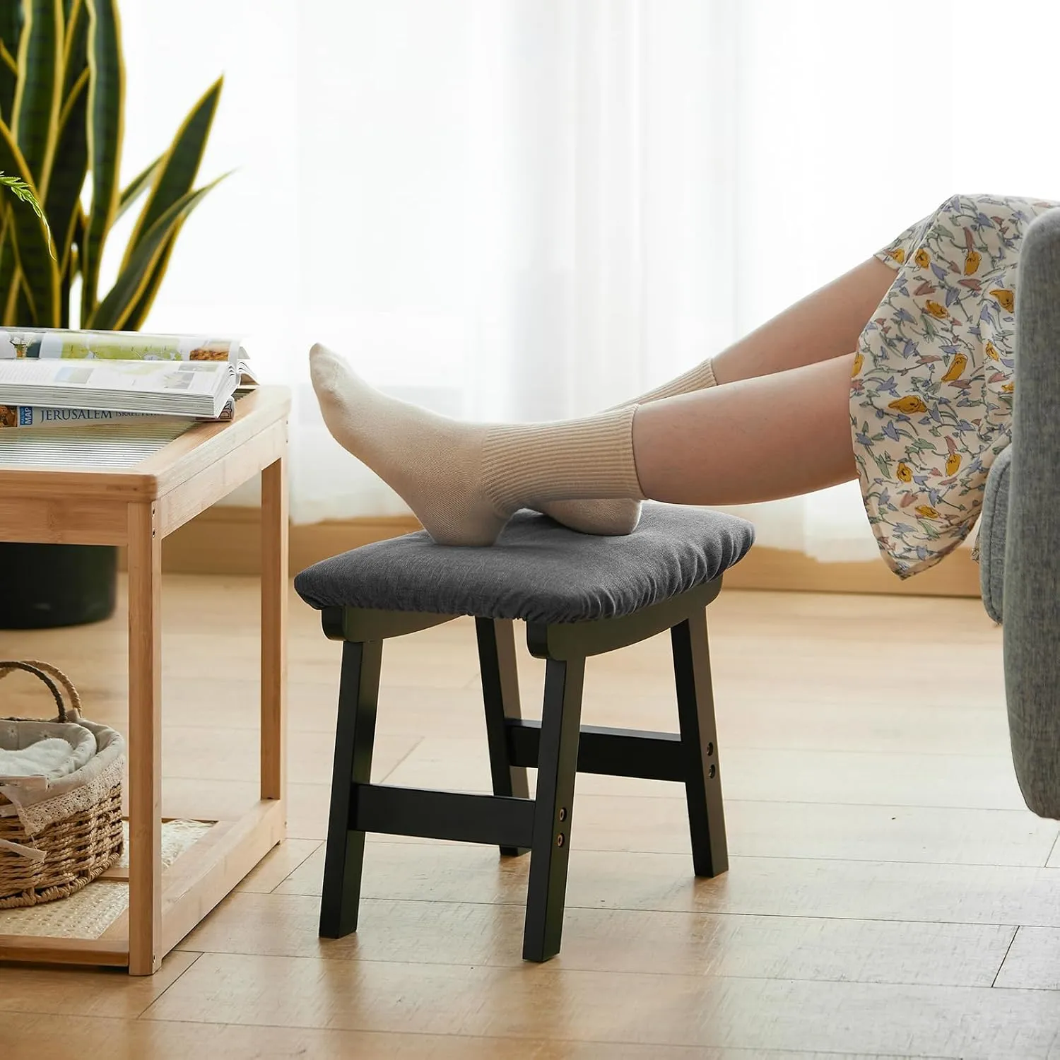 Foot Stool Ottoman Foot Rest Under Desk,Small Stool for Living Room, Bedroom and Kitchen (Black Legs - Gray Stool Surface)