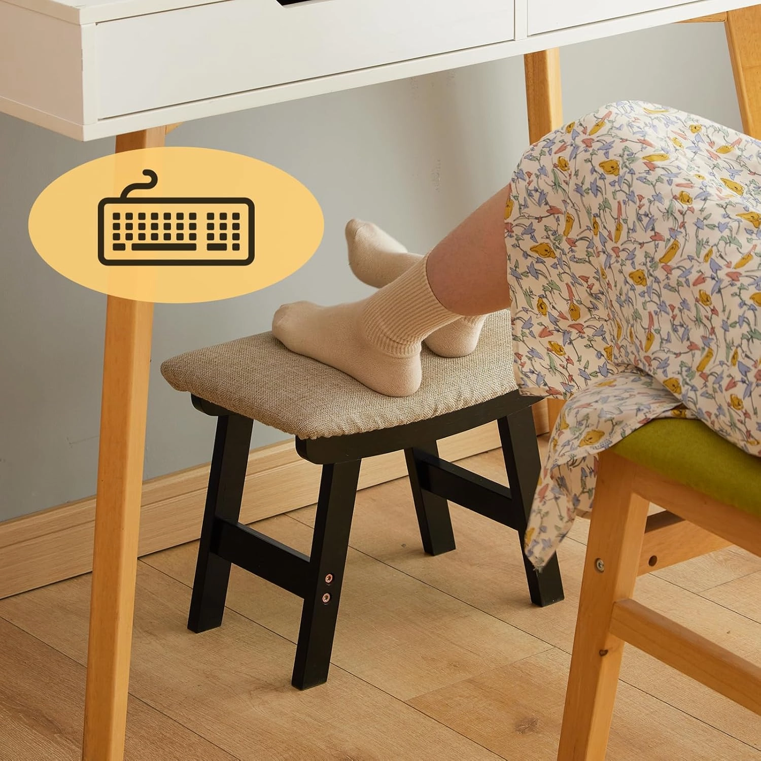 Foot Stool Ottoman Foot Rest Under Desk,Small Stool for Living Room, Bedroom and Kitchen (Black Legs - Beige Stool Surface)