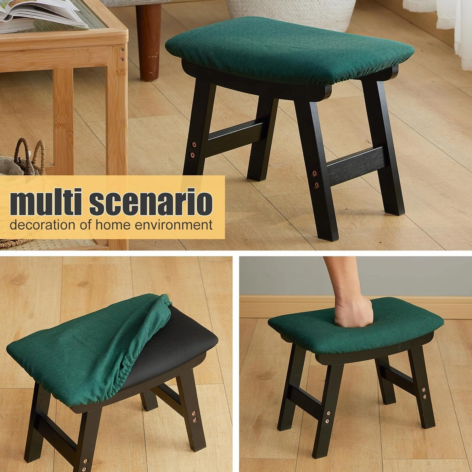 Foot Stool Ottoman Foot Rest Under Desk,Small Stool for Living Room, Bedroom and Kitchen (Black Legs - Green Stool Surface)