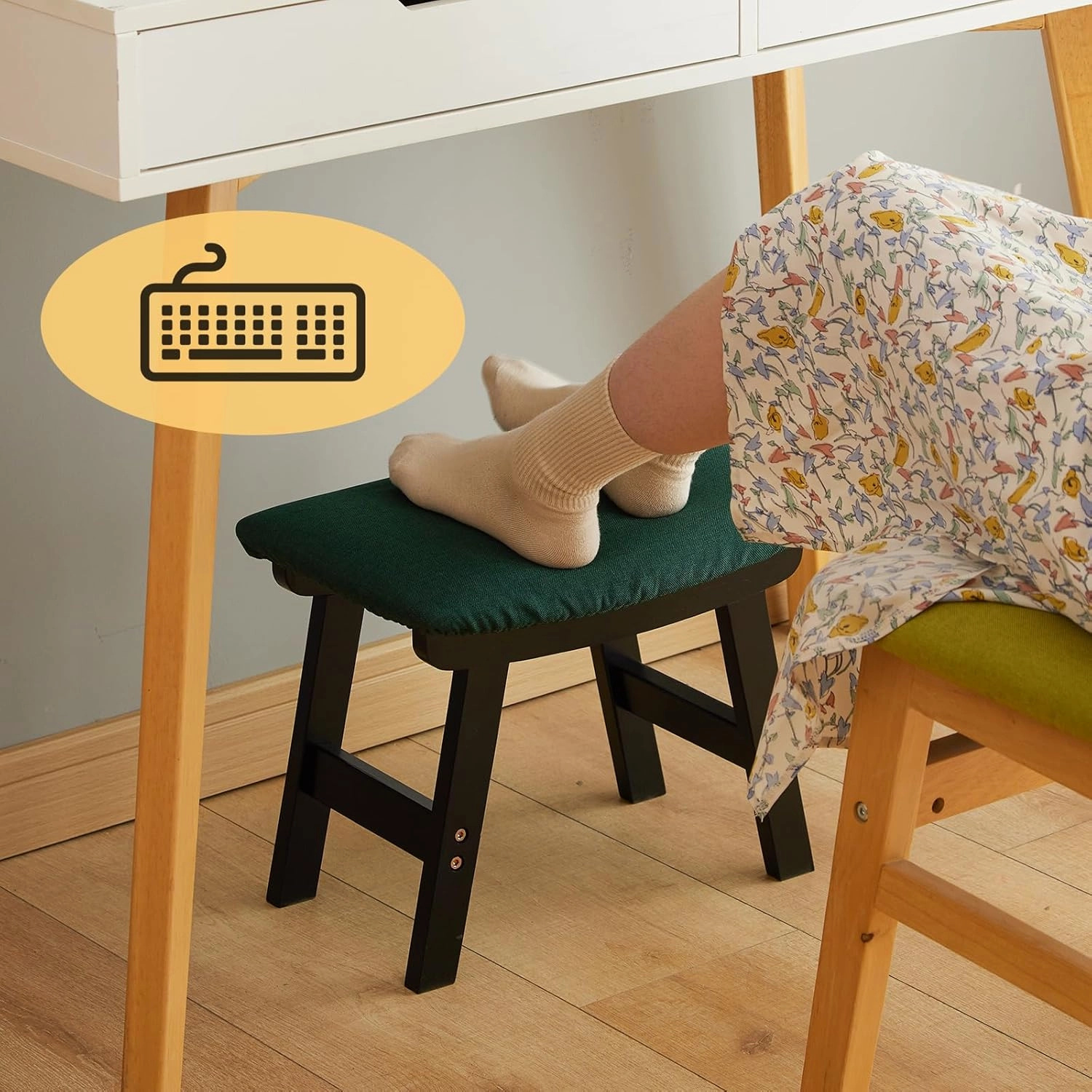 Foot Stool Ottoman Foot Rest Under Desk,Small Stool for Living Room, Bedroom and Kitchen (Black Legs - Green Stool Surface)