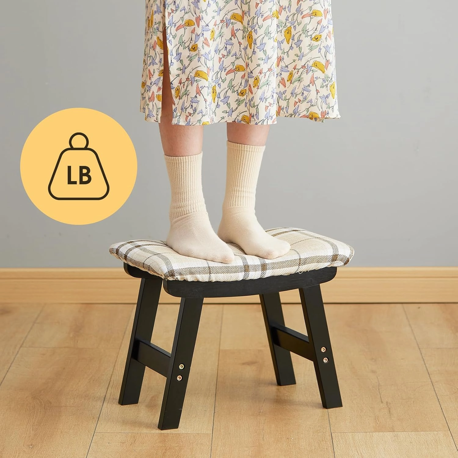 Foot Stool Ottoman Foot Rest Under Desk,Small Stool for Living Room, Bedroom and Kitchen (Black Legs - Stripes Stool Surface)
