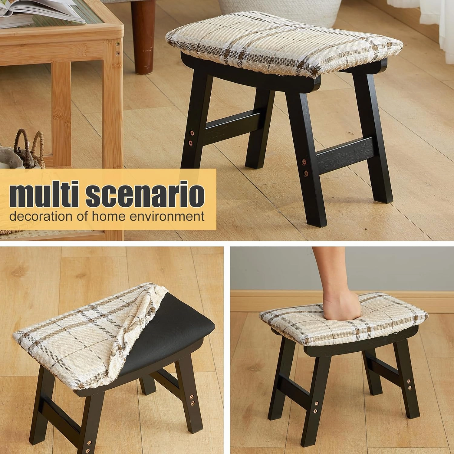 Foot Stool Ottoman Foot Rest Under Desk,Small Stool for Living Room, Bedroom and Kitchen (Black Legs - Stripes Stool Surface)