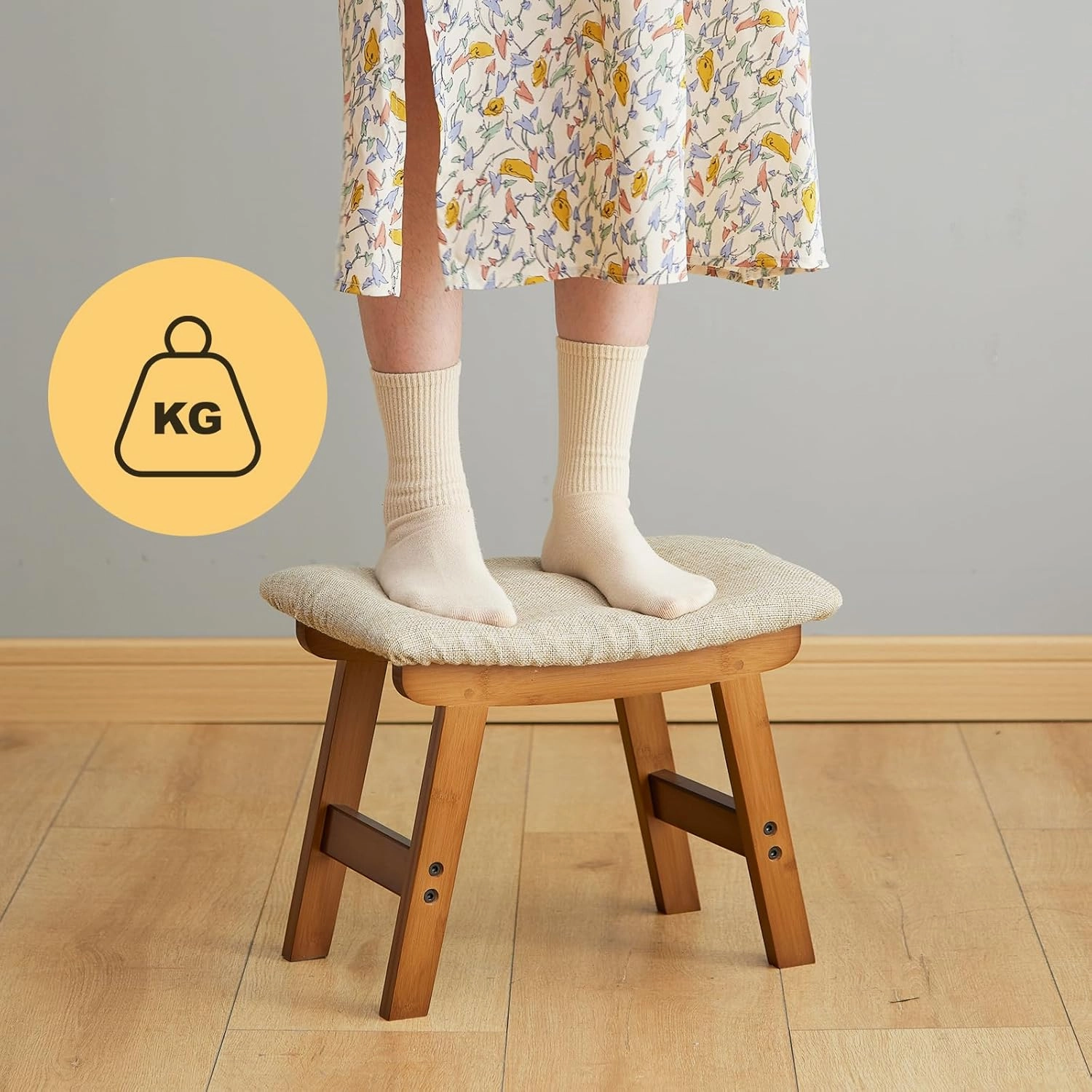 Foot Stool Ottoman Foot Rest Under Desk,Small Stool for Living Room, Bedroom and Kitchen (Brown Legs - Beige Stool Surface)