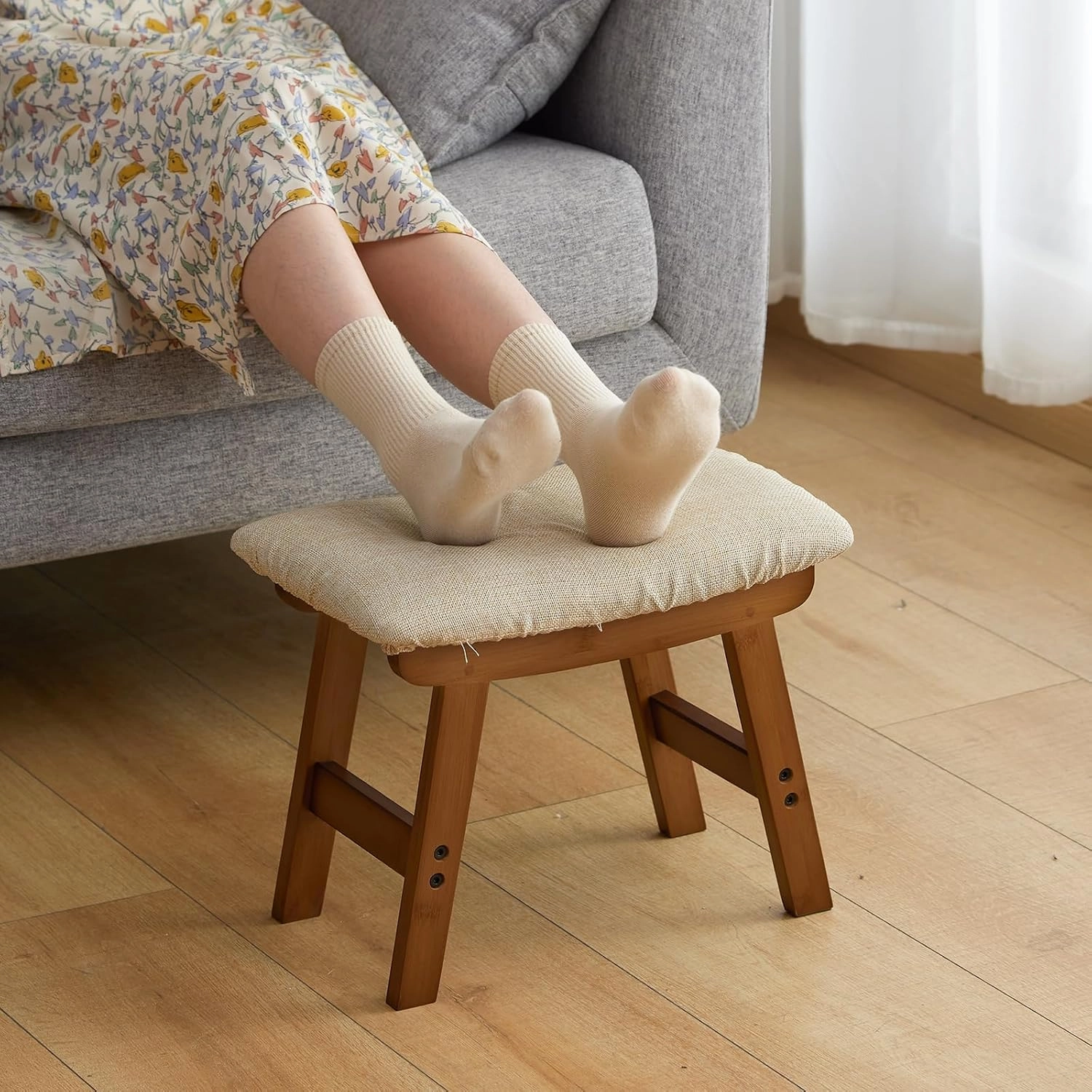 Foot Stool Ottoman Foot Rest Under Desk,Small Stool for Living Room, Bedroom and Kitchen (Brown Legs - Beige Stool Surface)