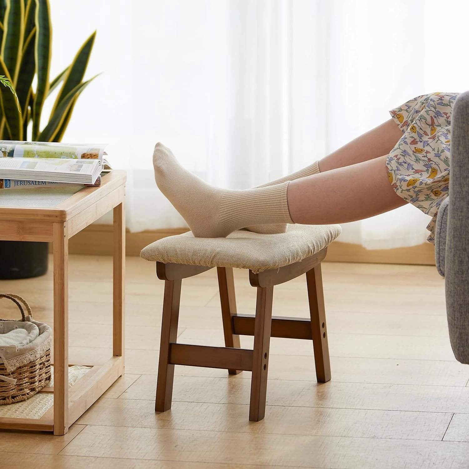 Foot Stool Ottoman Foot Rest Under Desk,Small Stool for Living Room, Bedroom and Kitchen (Brown Legs - Beige Stool Surface)
