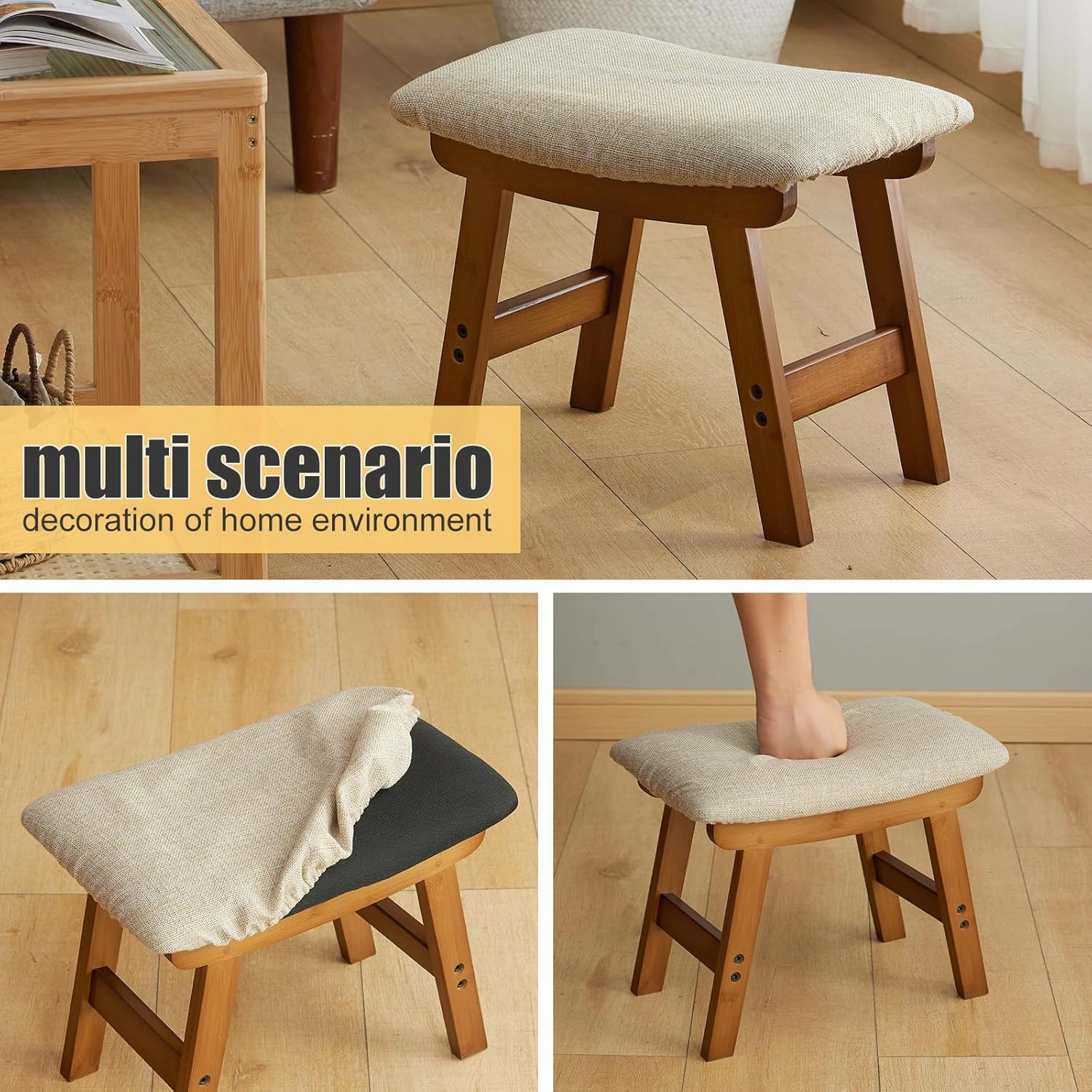 Foot Stool Ottoman Foot Rest Under Desk,Small Stool for Living Room, Bedroom and Kitchen (Brown Legs - Beige Stool Surface)