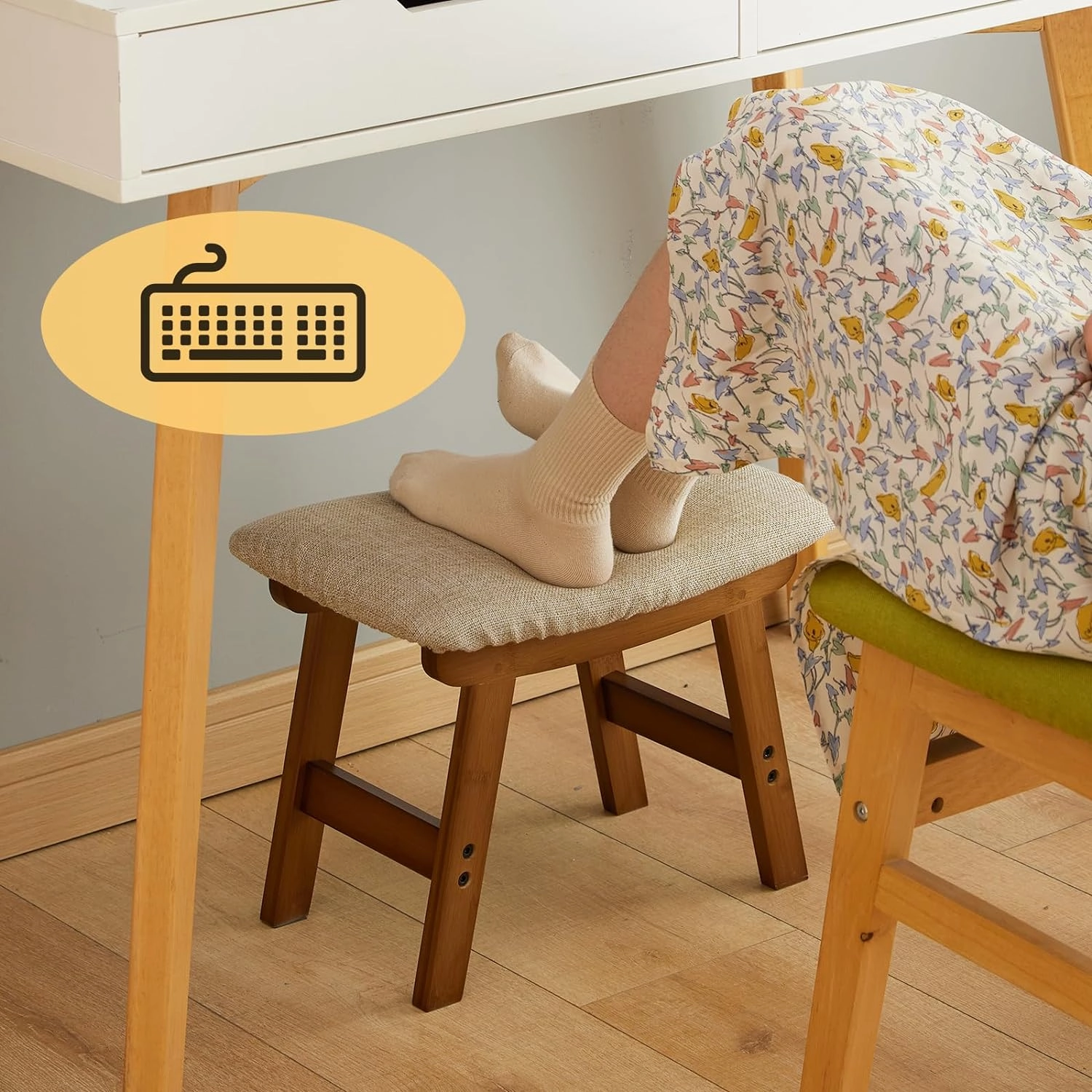 Foot Stool Ottoman Foot Rest Under Desk,Small Stool for Living Room, Bedroom and Kitchen (Brown Legs - Beige Stool Surface)