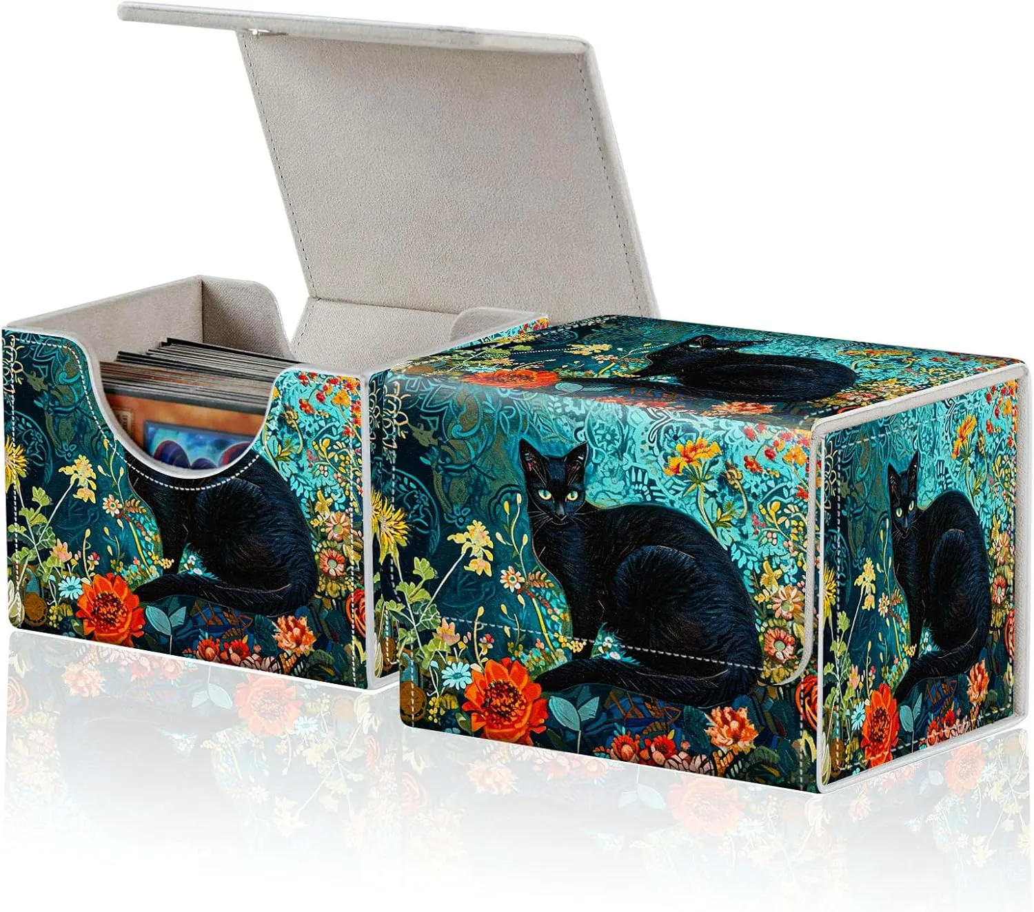 for MTG Commander Deck Box,Card Deck Box for Trading Yugioh MTG,Fits 100 Double Sleeved Cards,PU Leather Strong Magnet Case for Magic Commander TCG CCG,Cat Flower