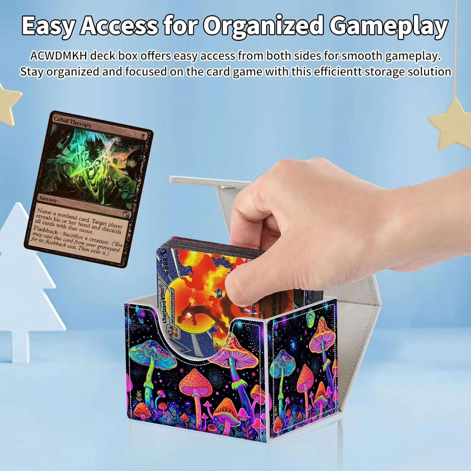 for MTG Commander Deck Box,Card Deck Box for Trading Yugioh MTG,Fits 100 Double Sleeved Cards,PU Leather Strong Magnet Case for Magic Commander TCG CCG,Glitter Cute Mushroom