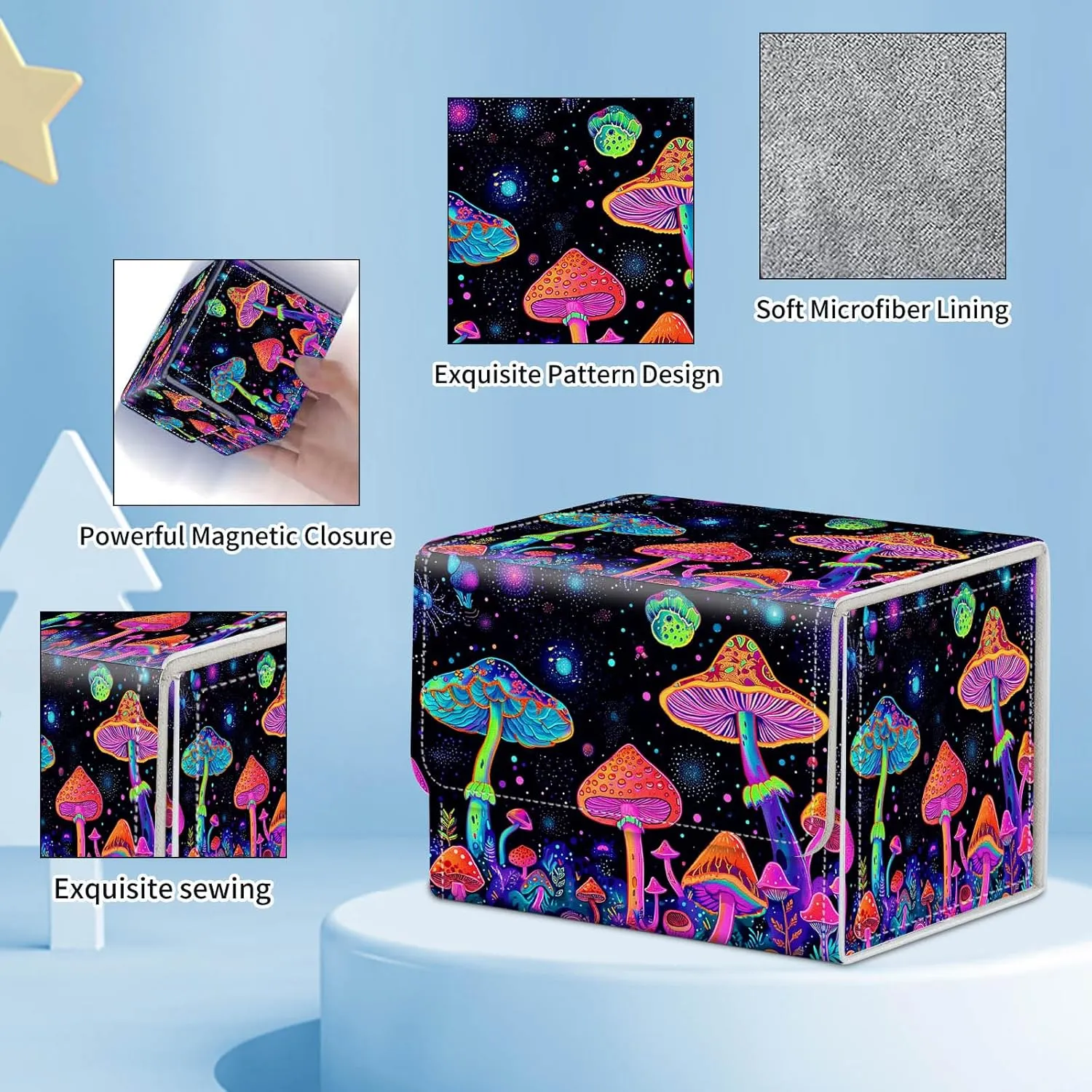 for MTG Commander Deck Box,Card Deck Box for Trading Yugioh MTG,Fits 100 Double Sleeved Cards,PU Leather Strong Magnet Case for Magic Commander TCG CCG,Glitter Cute Mushroom