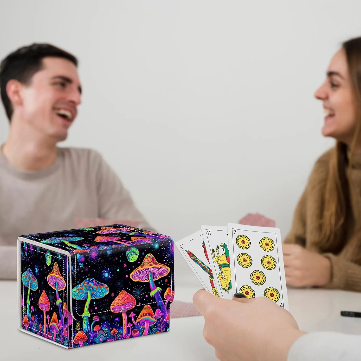 for MTG Commander Deck Box,Card Deck Box for Trading Yugioh MTG,Fits 100 Double Sleeved Cards,PU Leather Strong Magnet Case for Magic Commander TCG CCG,Glitter Cute Mushroom