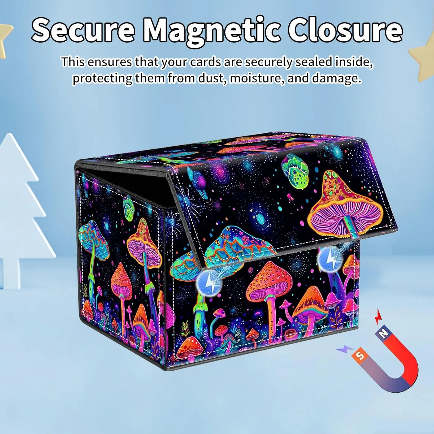for MTG Commander Deck Box,Card Deck Box for Trading Yugioh MTG,Fits 100 Double Sleeved Cards,PU Leather Strong Magnet Case for Magic Commander TCG CCG,Glitter Cute Mushroom