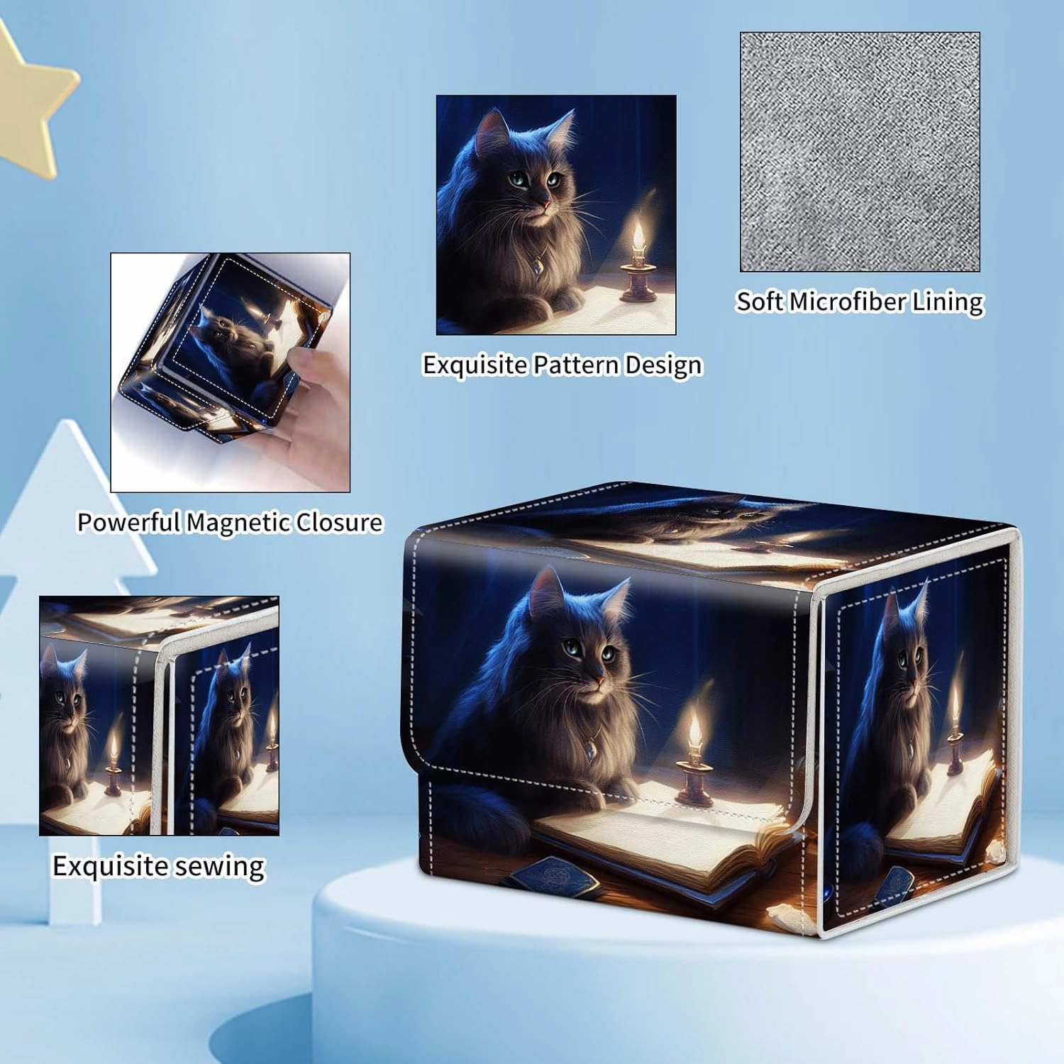 for MTG Commander Deck Box,Card Deck Box for Trading Yugioh MTG,Fits 100 Double Sleeved Cards,PU Leather Strong Magnet Case for Magic Commander TCG CCG,Cute Cat Book
