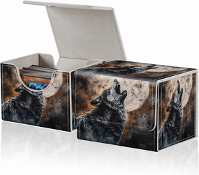 for MTG Commander Deck Box,Card Deck Box for Trading Yugioh MTG,Fits 100 Double Sleeved Cards,PU Leather Strong Magnet Case for Magic Commander TCG CCG,Retro Wolf Moon