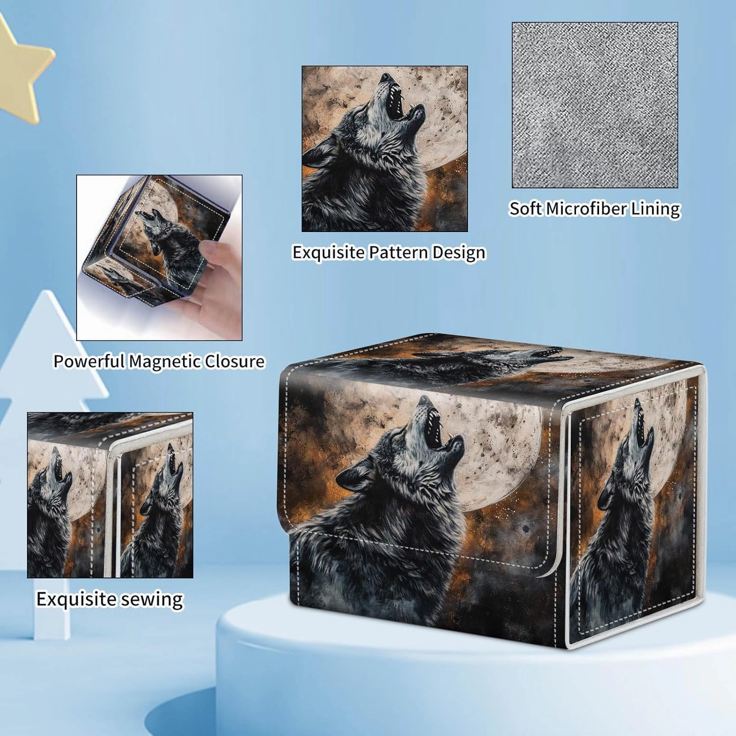 for MTG Commander Deck Box,Card Deck Box for Trading Yugioh MTG,Fits 100 Double Sleeved Cards,PU Leather Strong Magnet Case for Magic Commander TCG CCG,Retro Wolf Moon