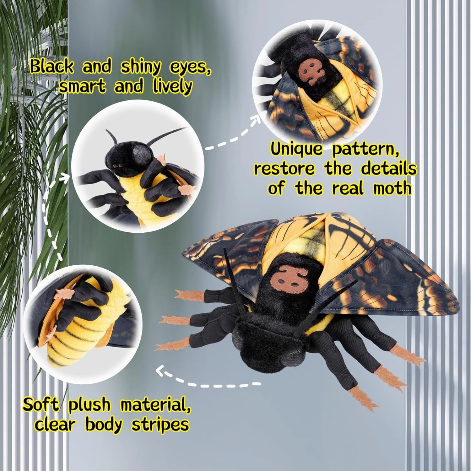 FRANKIEZHOU Simulation Deaths Head Hawk Moth Stuffed Animal-Yellow 9.8",Lifelike Death's-Head Hawkmoth Plush Toy, Moth Toy,Gifts for Kids,Home Decor