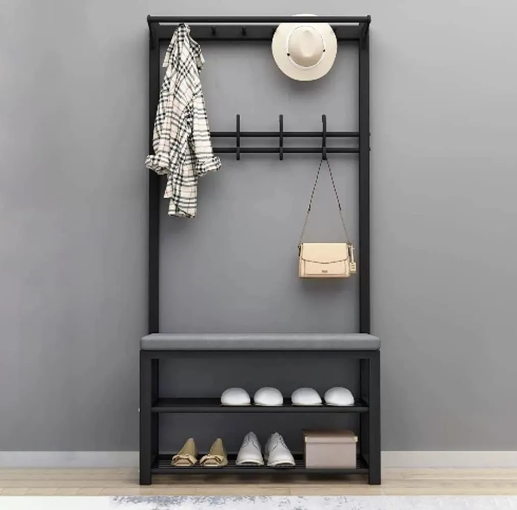 Freestanding Shoe Bench Entryway Hall Tree with 2 Tier Shoe Rack 10 Hooks and Storage for 6 8 Pairs Easy to Assemble