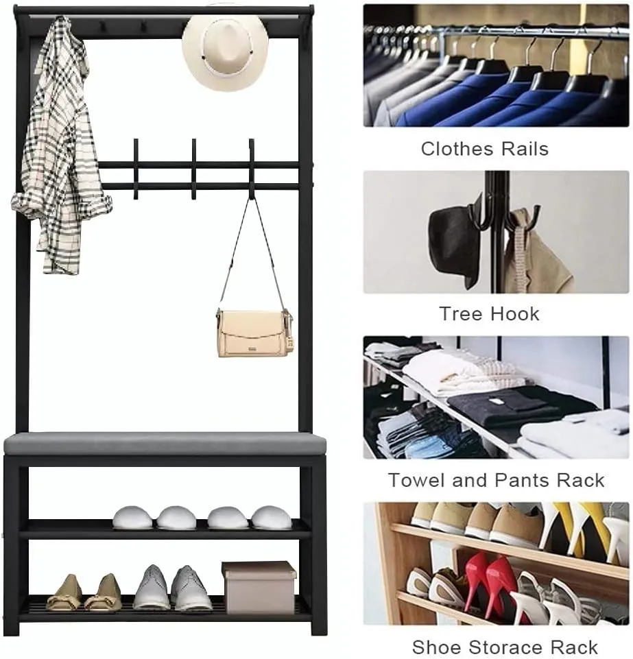 Freestanding Shoe Bench Entryway Hall Tree with 2 Tier Shoe Rack 10 Hooks and Storage for 6 8 Pairs Easy to Assemble