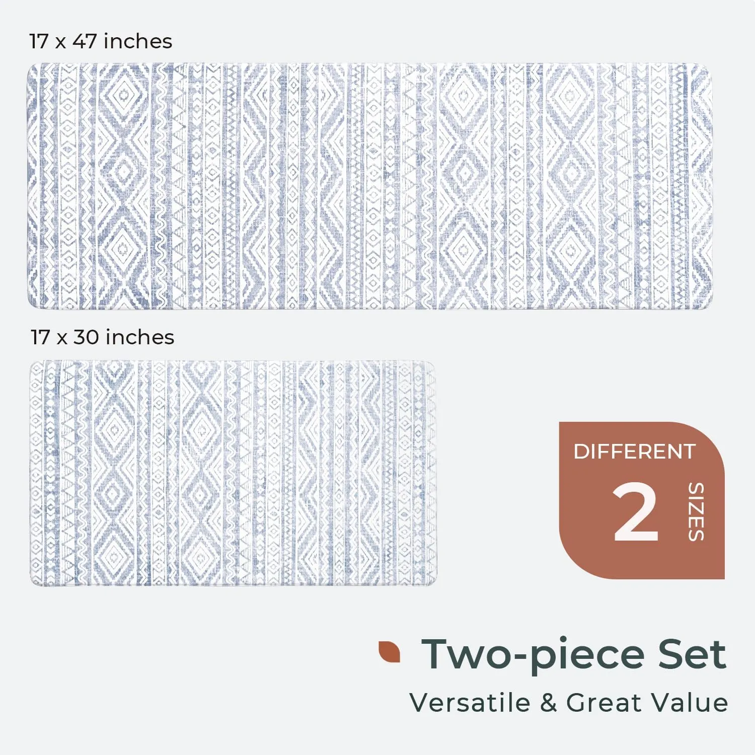 FRESHMINT Anti Fatigue Kitchen Mats for Floor 2 Piece Set, Waterproof & Non-Skid Boho Kitchen Rugs, Cushioned Kitchen Mat for Standing Washable Comfort Desk Kitchen Runners, 17x30 17x47
