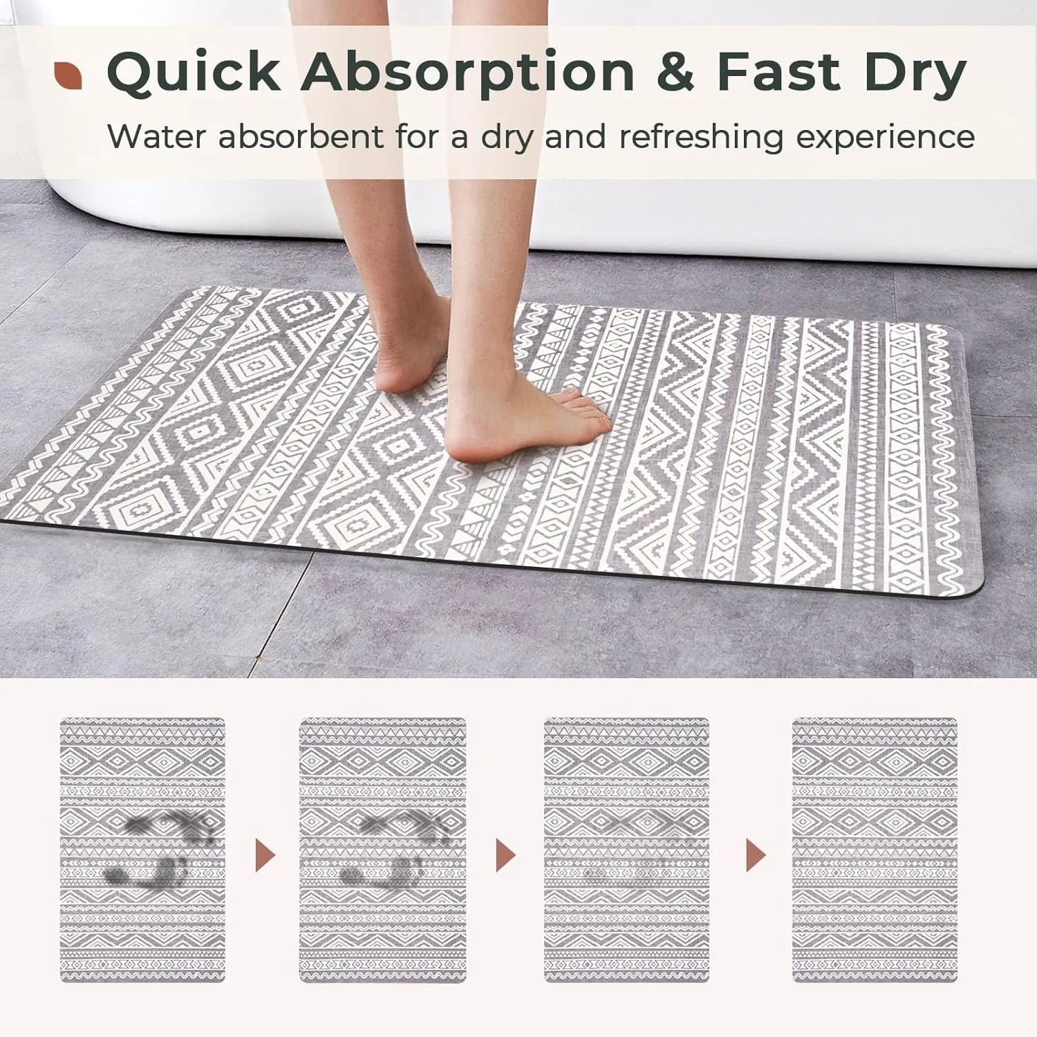 FRESHMINT Bohemian Bath Mat Soft Boho Bathroom Mat Non-Slip Quick Dry Bath Rugs Thin Washable Shower Floor Mats with Super Water Absorbent Layer & Rubber Backing, 20"x32", Gray & White